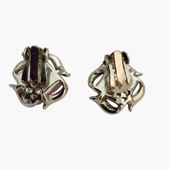 Clip On Earrings Pink Square Lucite Inlays Vintage Gold Tone - Picture 4 of 4